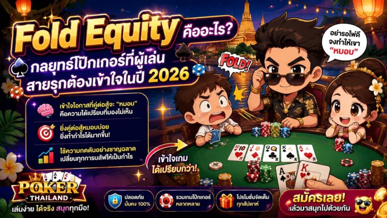 ผู้เล่นโป๊กเกอร์ออนไลน์กำลัง All-in พร้อมชิปกองใหญ่บนโต๊ะ Texas Hold’em ในบรรยากาศคาสิโนออนไลน์สไตล์มืออาชีพ สื่อถึงกลยุทธ์ Fold Equity และการกดดันคู่ต่อสู้ในปี 2026